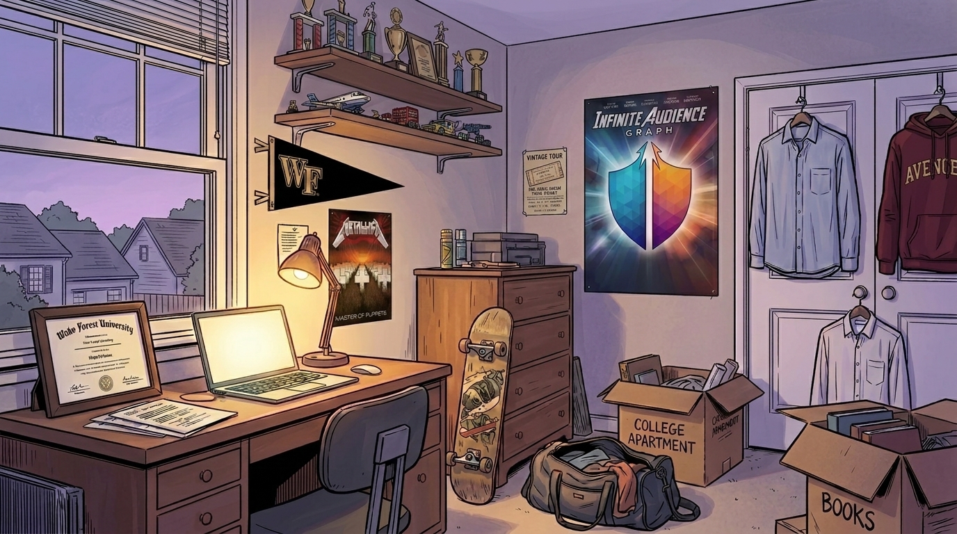 Suburban bedroom showing Wake Forest University diploma, gold and black WF pennant, vintage Metallica poster, maroon Avengers high school varsity hoodie, moving boxes, and an Infinite Audience movie poster on the wall