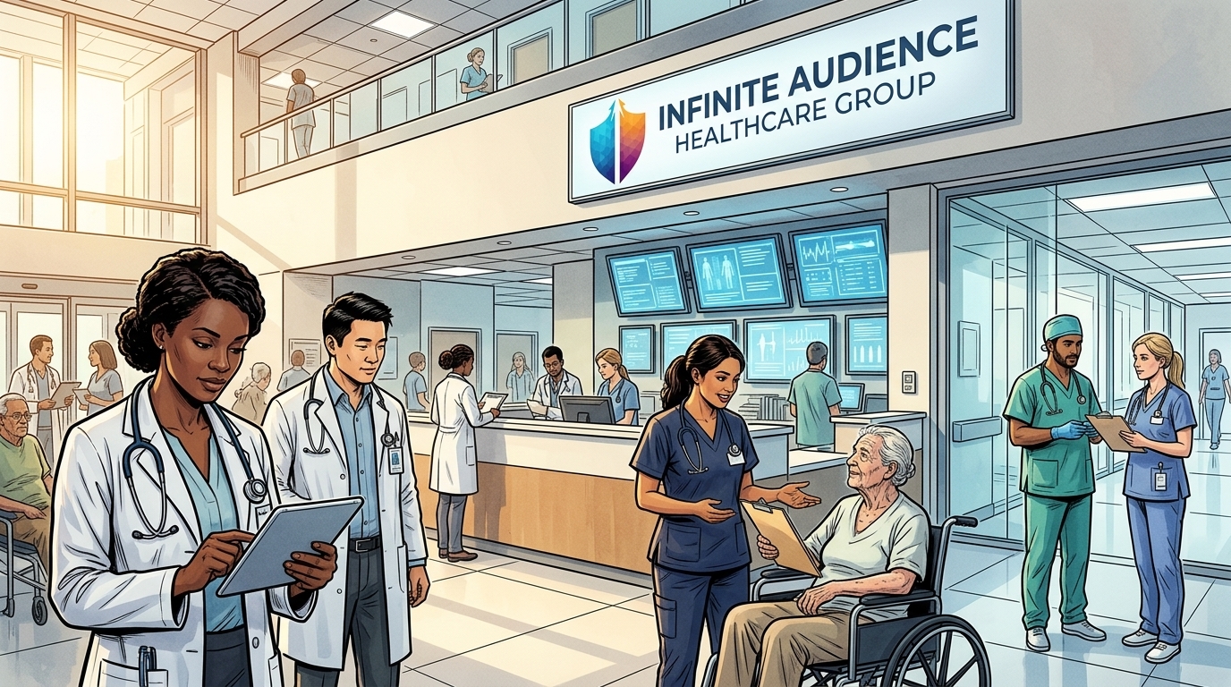 Busy modern hospital floor showing a diverse team of physicians, surgeons, and registered nurses caring for patients beneath an Infinite Audience Healthcare Group hospital sign featuring the official dual-tone faceted shield logo